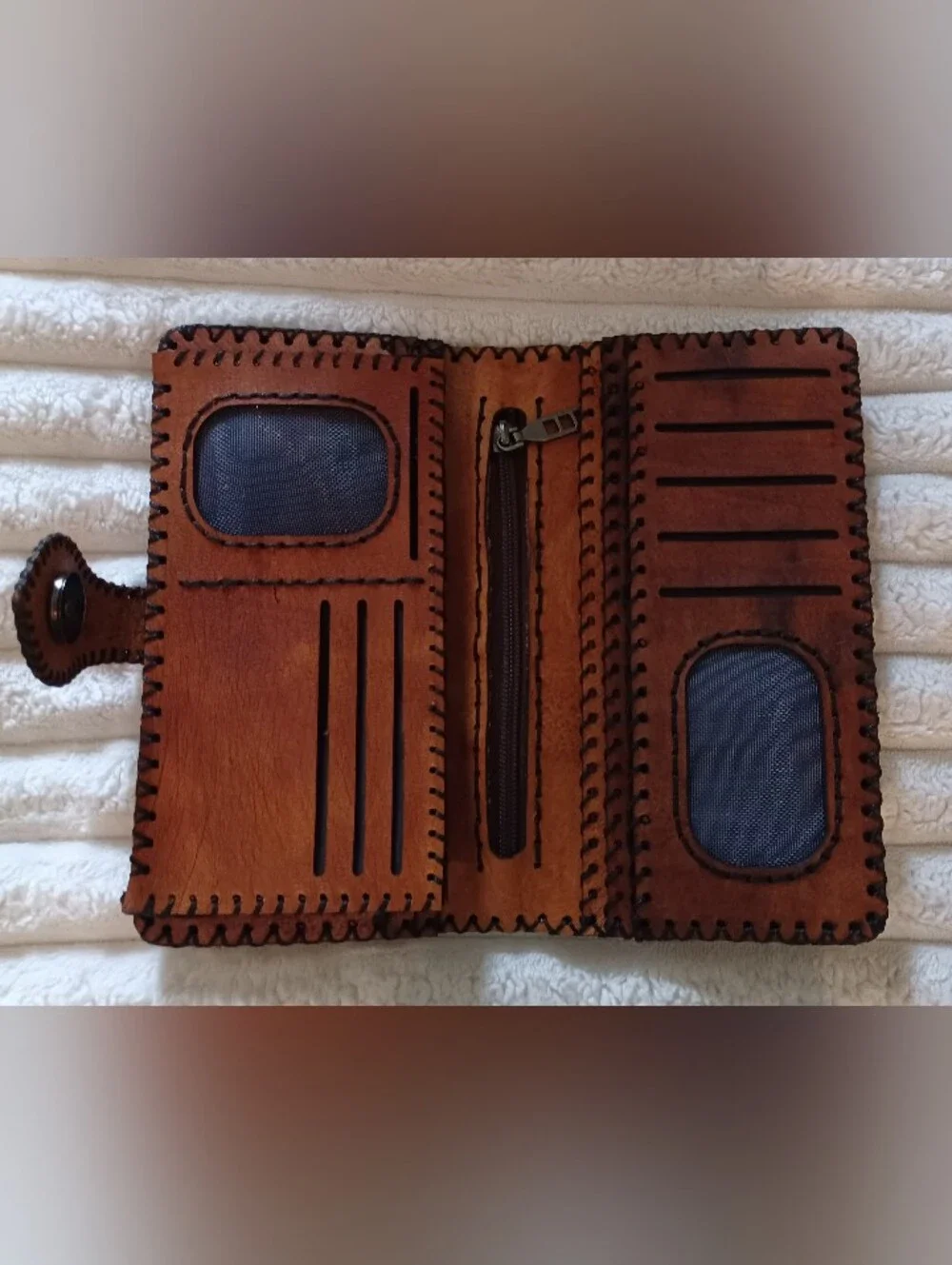 Hand-Tooled Egyptian Leather Wallet – Cleopatra Pyrography Trifold – Brand New